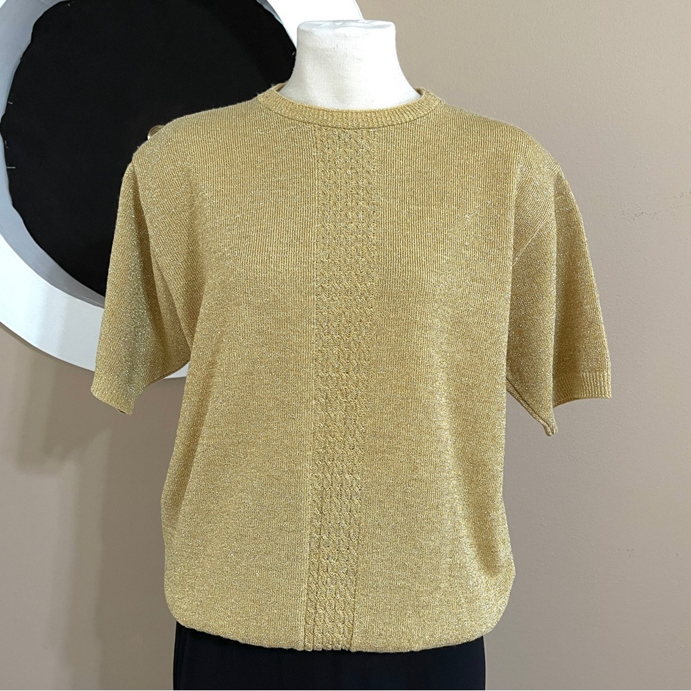 Vintage Alfred Dunner Gold Metallic Blouse M Fits L. Made in USA, Shimmery Retro